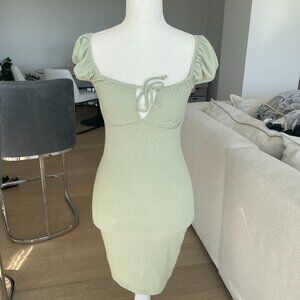 Sky & Sparrow Garage Sage Green Ribbed Puff Sleeve Bodycon Midi Dress XS
